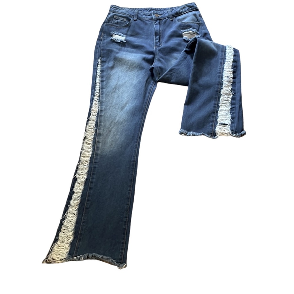 ROMWE HIGH RISE FLARED LEG DISTRESSED DENIM JEANS BLUE SIZE LARGE 8 TO 10